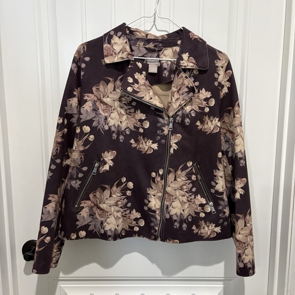 Chico's Jackets & Blazers - Chicos Moto Jacket Short Women's Medium Brown Floral Paisley Asymmetrical Zip